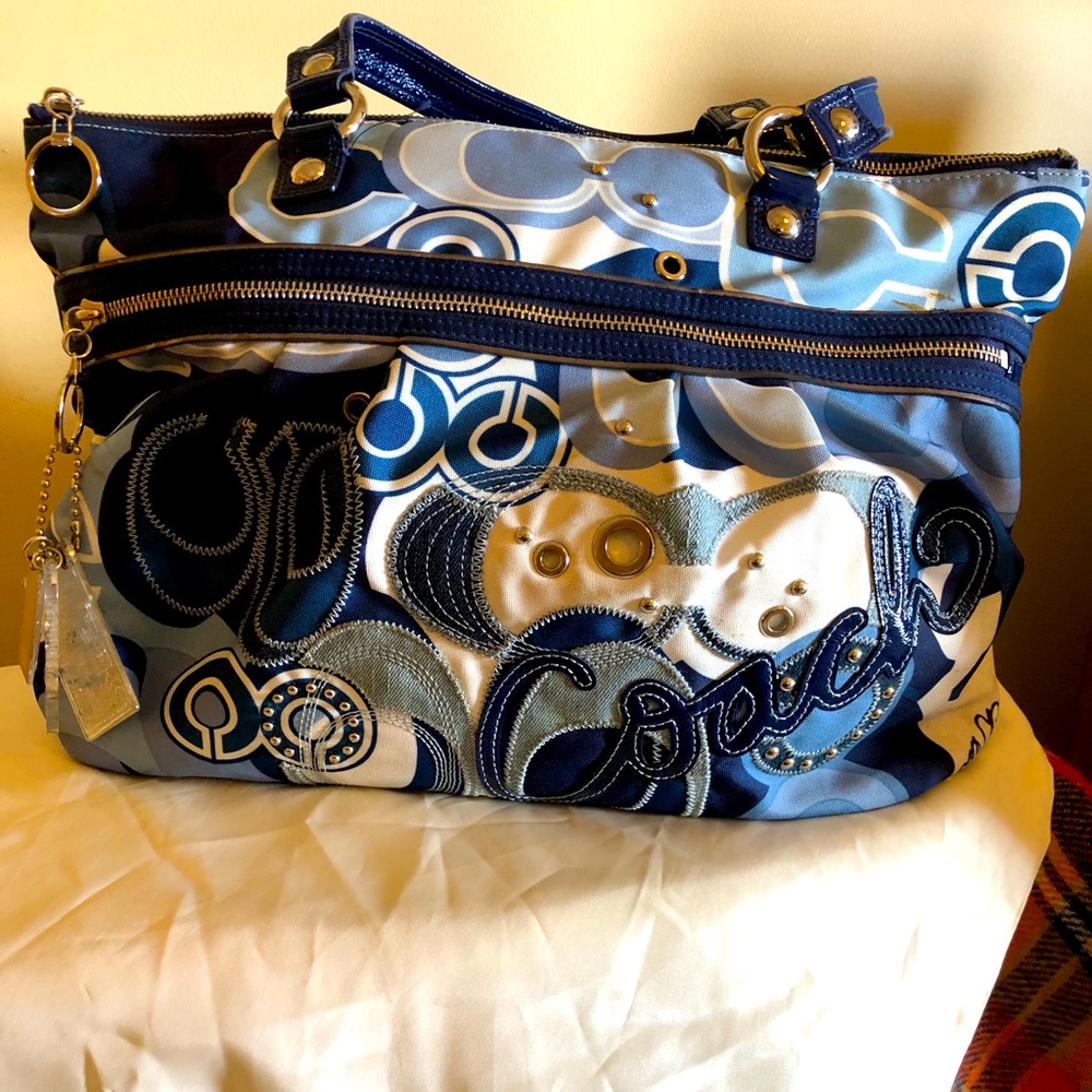 Coach blue/ silver cloth and jean material purse